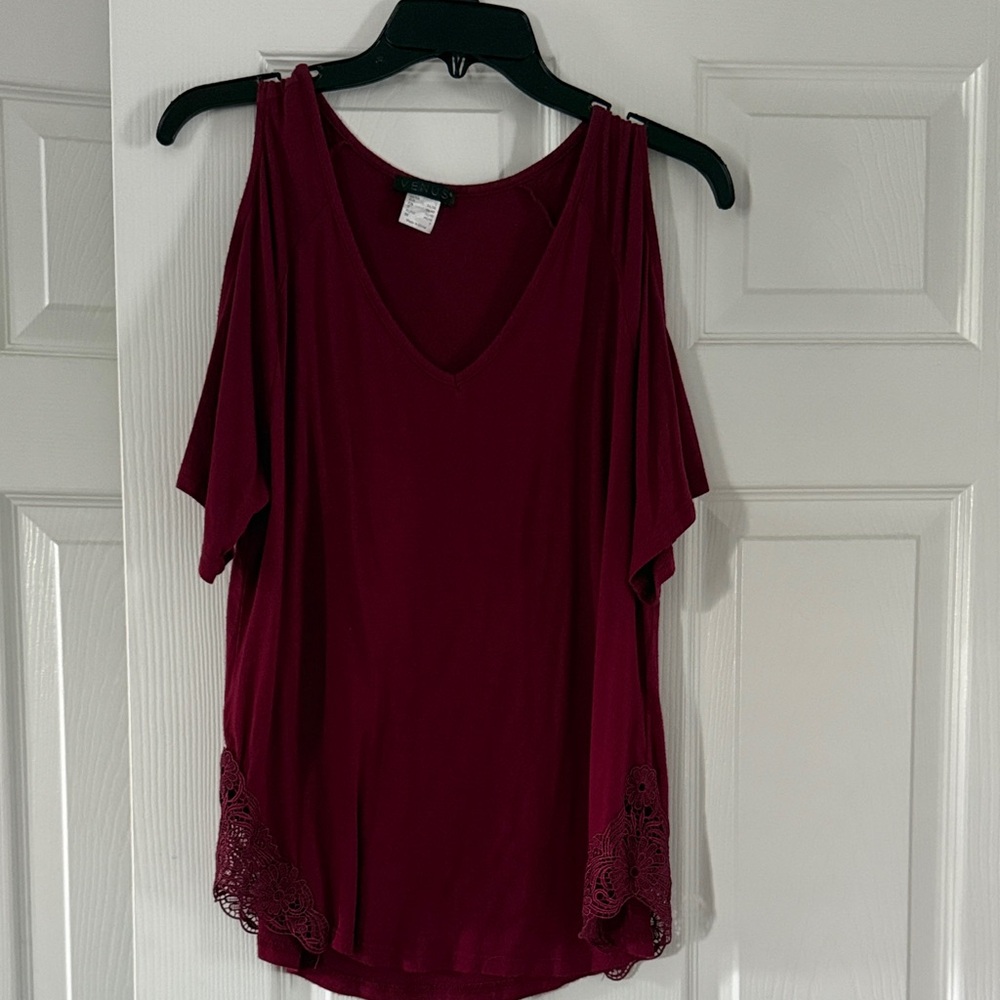 VENUS Deep Red Cold Shoulder Blouse